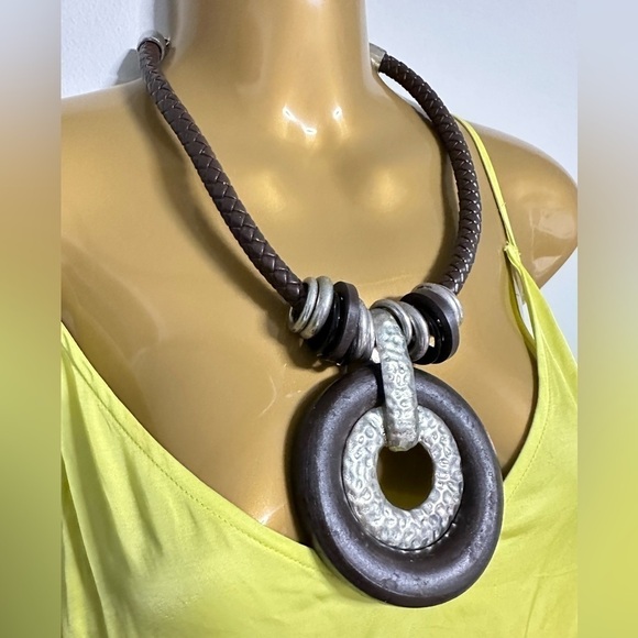 Artisan Necklace Brutalist Statement Brown Wood Ring Silver Tone Braided 3405 W - Picture 2 of 15